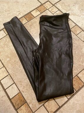 EUC SPANX Black Faux Leather Leggings, size M